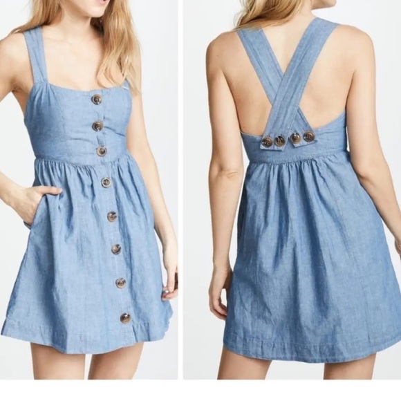 Free People Dresses & Skirts - Free People Carolina Fit & Flare Sundress Blue Chambray Button Front Sz 12